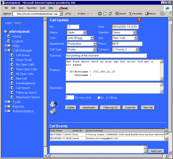 Sitehelpdesk The Leading Help Desk Software User Call Logging